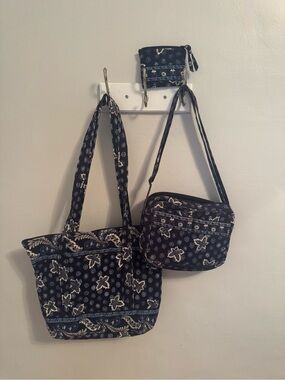 VINTAGE VERA BRADLEY SET- "Blue Coin" Print - Tote, Shoulder Bag, and Coin purse